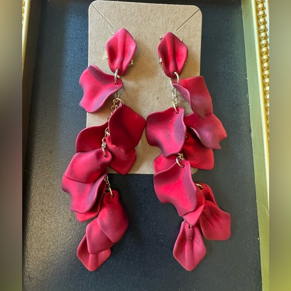 Long Red Petal Drop Earrings - Picture 2 of 6